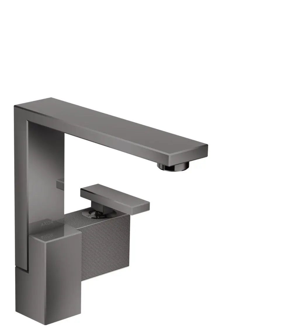 Einhebel-Waschtischmischer aus schwarzem Chrom mit quadratischem Design und Push-Open Ablaufgarnitur. Hersteller AXOR.